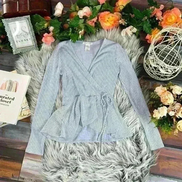 Caution To The Wind Long Sleeve Blue Stripe Wrap Top W/ Tie Waist, - Picture 1 of 8